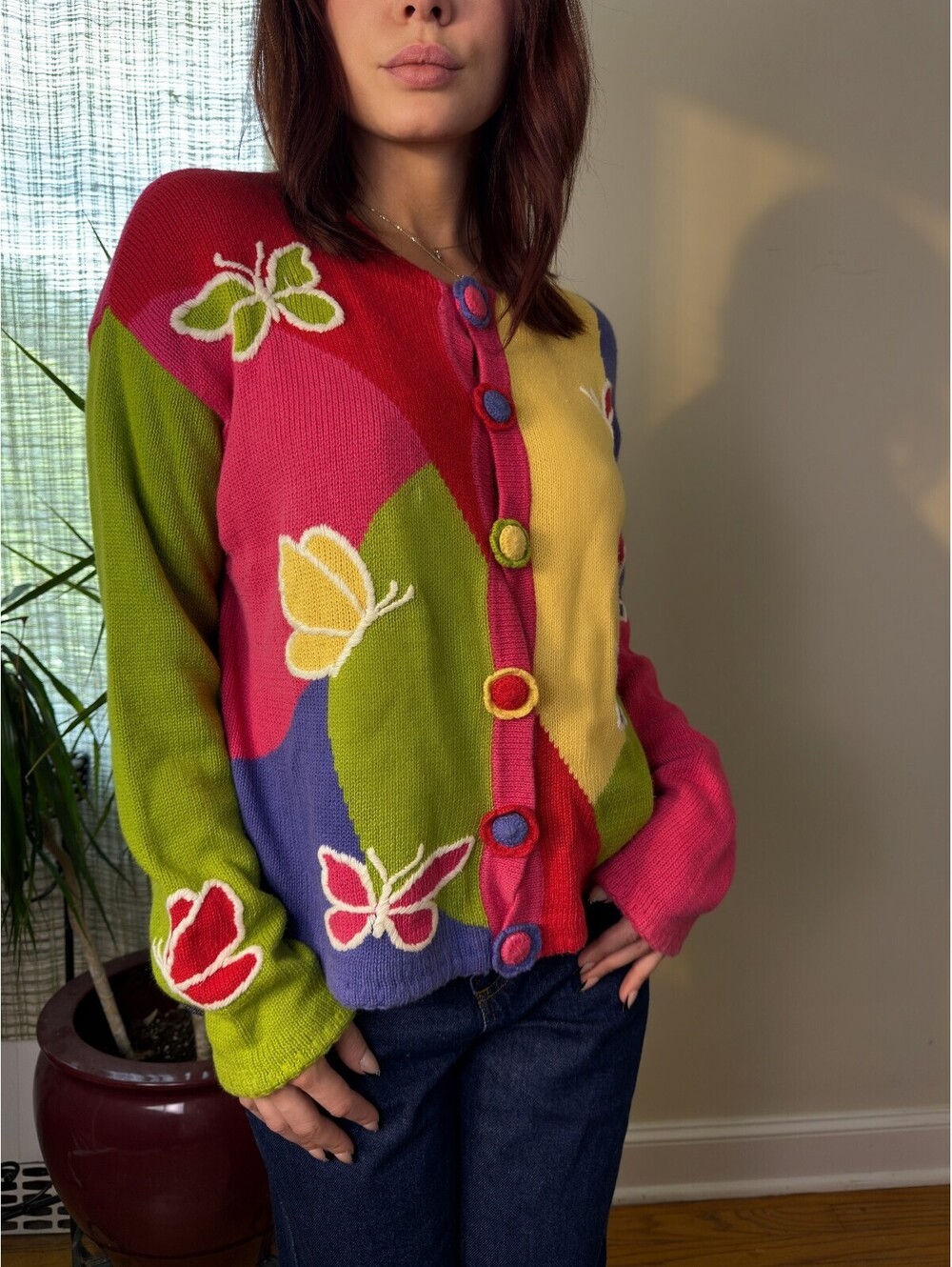 Vintage Nicole Summers Butterfly Colorblock Cardigan M